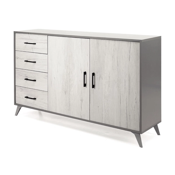 Aparador con 2 puertas y 4 cajones 158 cm en melamina Roble Blanco - ARIEL