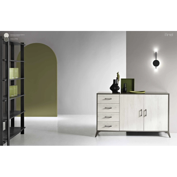 Aparador con 2 puertas y 4 cajones 158 cm en melamina Roble Blanco - ARIEL