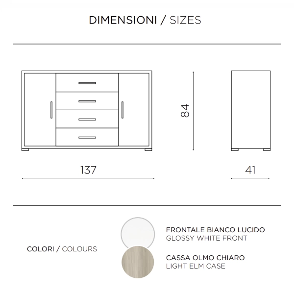 Aparador con 2 puertas y 4 cajones 137 cm en madera blanca brillo - AMAL
