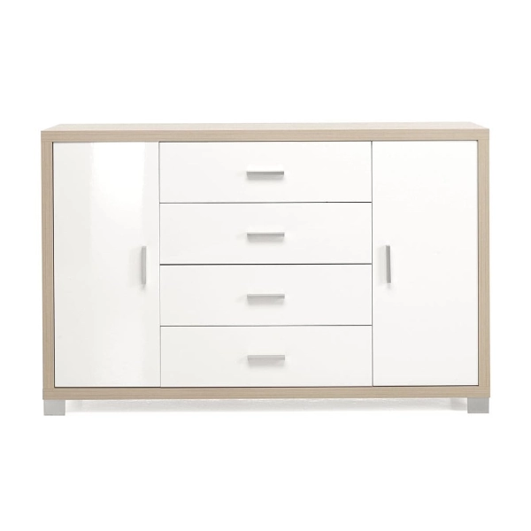 Aparador con 2 puertas y 4 cajones 137 cm en madera blanca brillo - AMAL