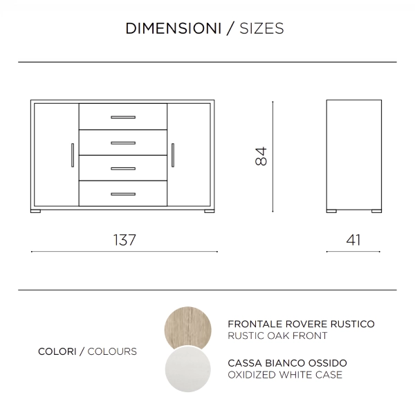 Aparador con 2 puertas y 4 cajones 137 cm en madera de Roble Rústico - AMAL