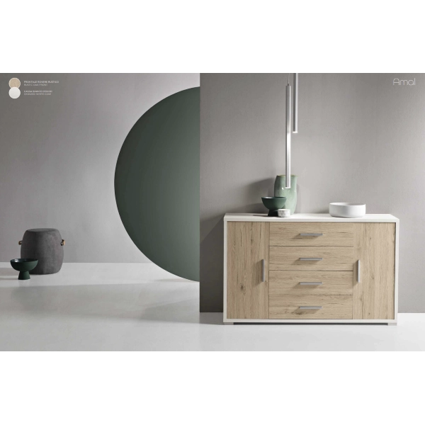 Aparador con 2 puertas y 4 cajones 137 cm en madera de Roble Rústico - AMAL