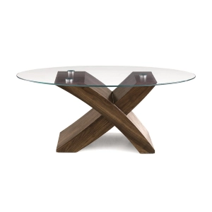 TITO ovaler Couchtisch mit Glasplatte mit Untergestell TEAK-Farbe