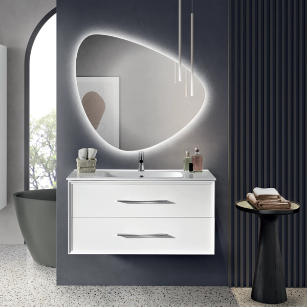 Mueble de baño suspendido moderno base 100 CLASSIC con 2 cajones y lavabo,BLANCO MATE