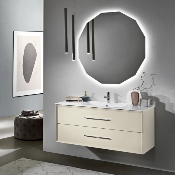 Mueble de baño moderno suspendido 120 CLASSIC con 2 cajones y lavabo, MARFIL MATE