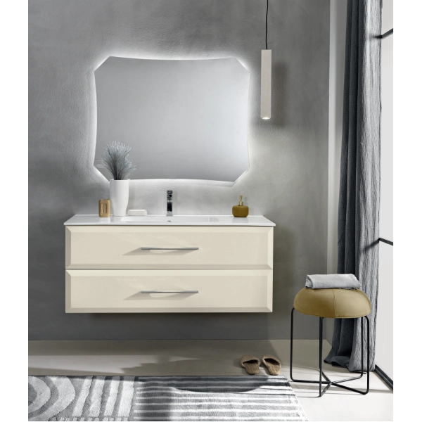 Meuble de salle de bain suspendu moderne base 120 CLEIDE avec 2 tiroirs et lavabo, IVOIRE MAT