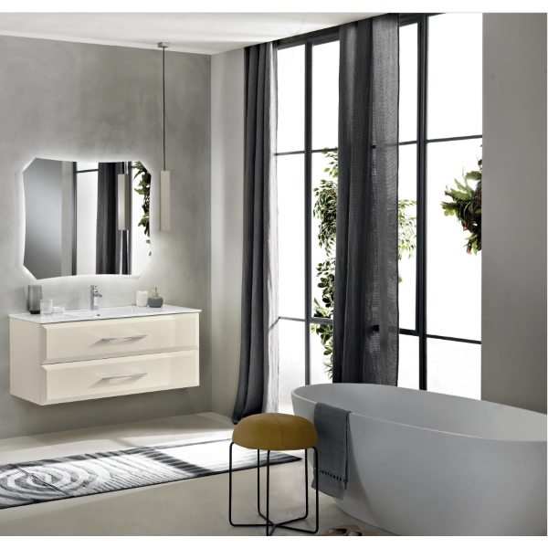 Meuble de salle de bain suspendu moderne base 120 CLEIDE avec 2 tiroirs et lavabo, IVOIRE MAT