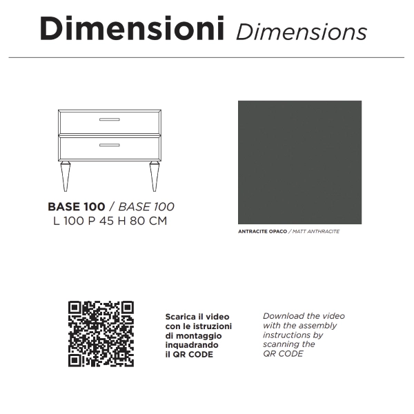Modern ground bathroom cabinet base 100 CLEIDE with 2 drawers and matt anthracite washbasin...