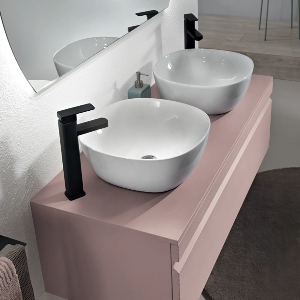 Salle de bain complète suspendue avec socle 120 avec 2 vasques sur pied - RIO rose poudré
