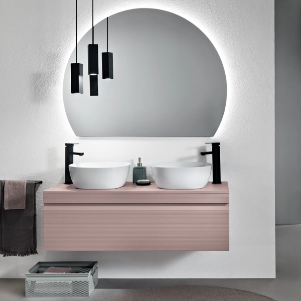 Salle de bain complète suspendue avec socle 120 avec 2 vasques sur pied - RIO rose poudré
