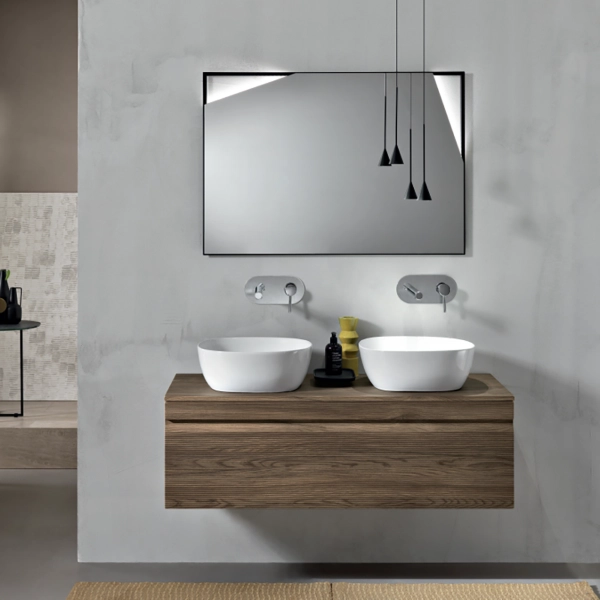 Salle de bain complète suspendue avec base miroir 120 LED et 2 vasques sur pied - RIO Tek