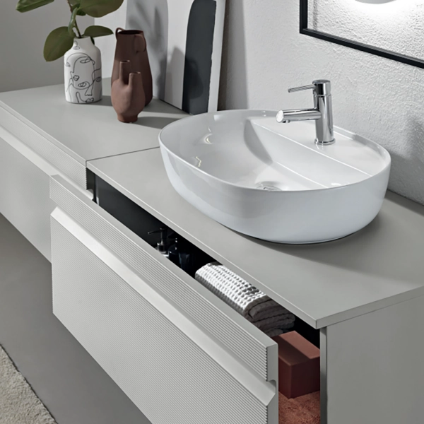 Salle de bain complète suspendue avec 2 bases miroir LED et vasque sur pied - RIO Grigio