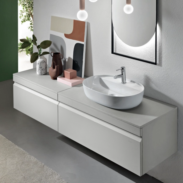 Salle de bain complète suspendue avec 2 bases miroir LED et vasque sur pied - RIO Grigio