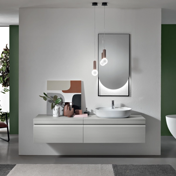 Salle de bain complète suspendue avec 2 bases miroir LED et vasque sur pied - RIO Grigio
