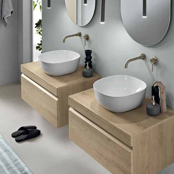 Salle de bain complète suspendue avec base double 80 et vasque et 2 miroirs - RIO Chêne clair