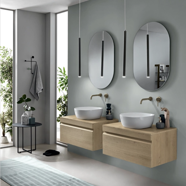 Salle de bain complète suspendue avec base double 80 et vasque et 2 miroirs - RIO Chêne clair