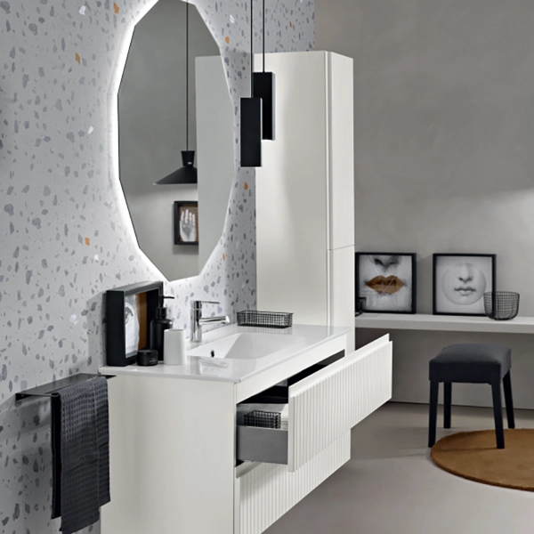 Moderner hängender Badezimmerschrank mit ARTICO 120-Untergestell mit 2 Schubladen und MATT WHITE-Waschbecken