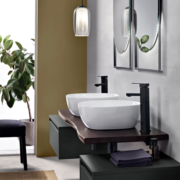 Etagère lavabo de salle de bain suspendue en bois noyer BREIS 140 cm