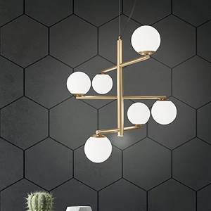 Lámpara de suspensión GIZAH con 6 luces en metal con difusores en vidrio soplado ORO D76 cm
