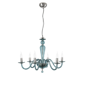 Lámpara de suspensión PAGANINI con 6 LUCES en vidrio trabajado a mano VERDE AZULADO D70 cm