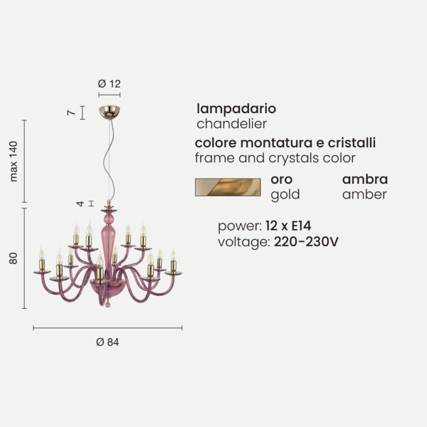 Lámpara de suspensión PAGANINI de 12 luces en vidrio hecho a mano ámbar D84 cm