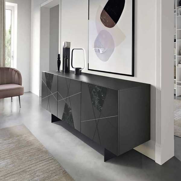 Aparador de madera de 180 cm con 3 puertas antracita y cristal de mármol - ADEL 2 pies