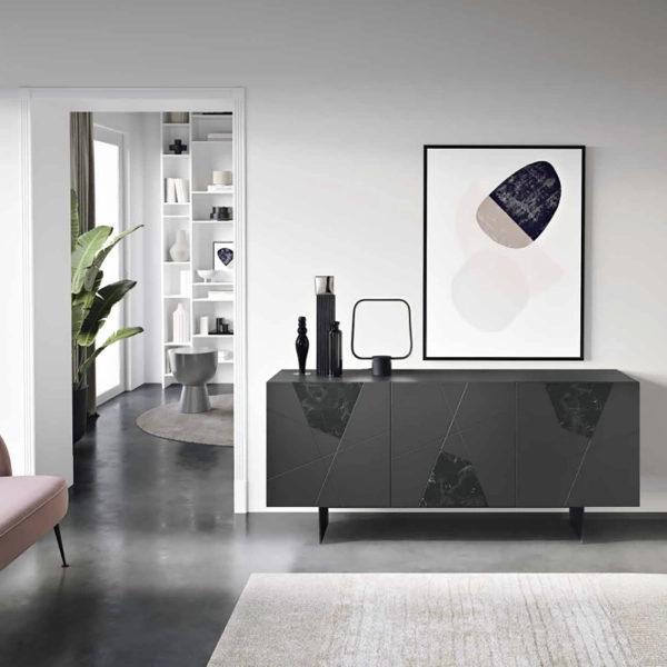 Aparador de madera de 180 cm con 3 puertas antracita y cristal de mármol - ADEL 2 pies