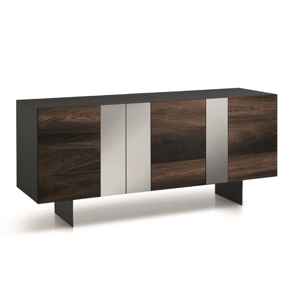 Buffet en bois 180 cm 3 portes Chêne Thermal avec miroir 2 pieds - ROMEO