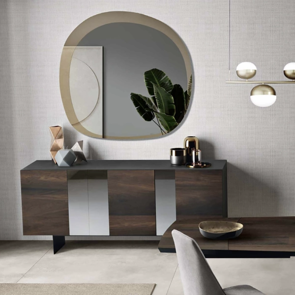 Buffet en bois 180 cm 3 portes Chêne Thermal avec miroir 2 pieds - ROMEO