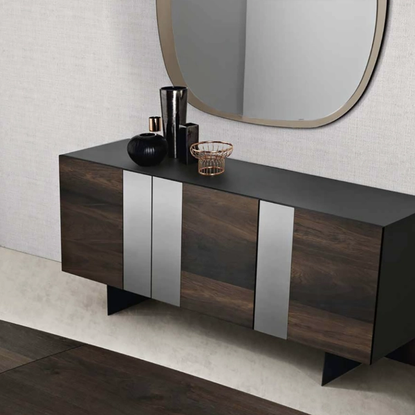 Buffet en bois 180 cm 3 portes Chêne Thermal avec miroir 2 pieds - ROMEO