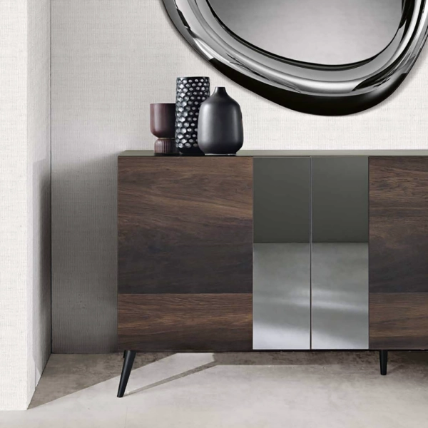 Buffet 180 cm en bois de Chêne Thermal 3 portes avec miroir 5 pieds - ROMEO