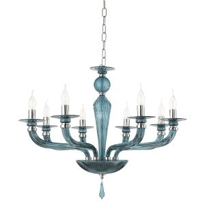 Lámpara colgante VILLA con 8 luces en cristal verde azulado trabajado a mano D82 cm