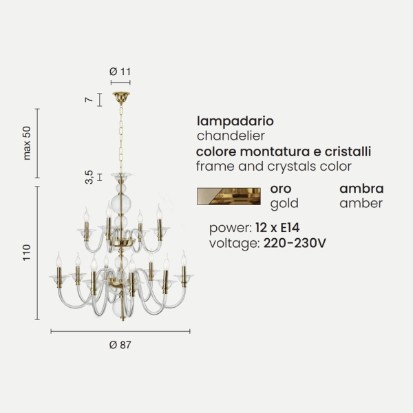 Lámpara de suspension TEBE 12 luces de vidrio AMBAR hecho a mano D87 cm