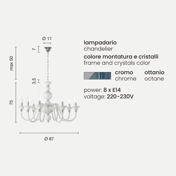 Lámpara de suspensión TEBE con 8 luces en vidrio VERDE AZULADO trabajado a mano D87 cm