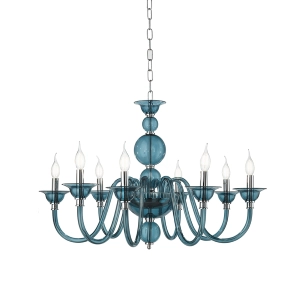 Lámpara de suspensión TEBE con 8 luces en vidrio VERDE AZULADO trabajado a mano D87 cm