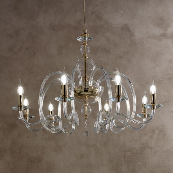 Lámpara de suspensión VIVALDI con 8 luces en vidrio hecho a mano Transparente / Dorado D88 cm