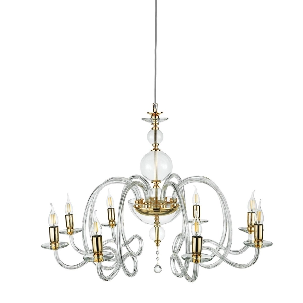 Lámpara de suspensión VIVALDI con 8 luces en vidrio hecho a mano Transparente / Dorado D88 cm