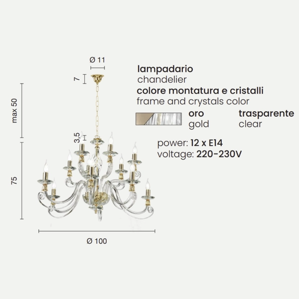 1306 lámpara colgante de vidrio soplado 12 luces 100 cm ORO