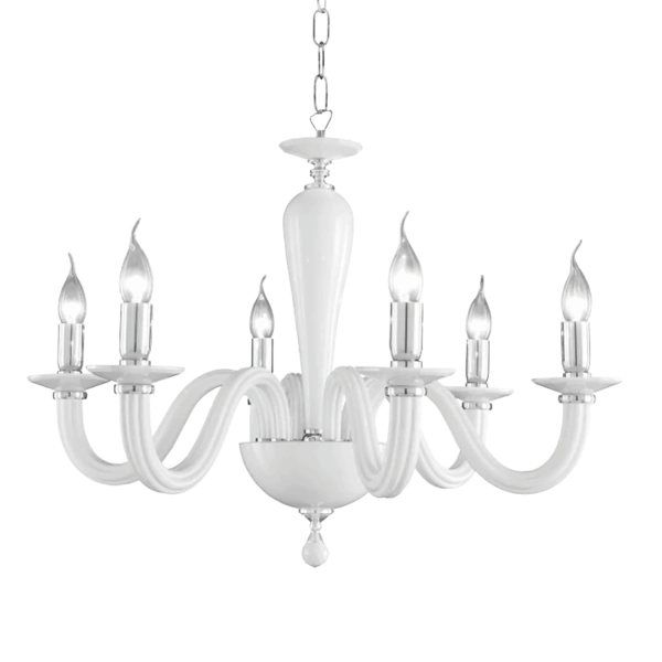 Lámpara de suspensión RAVEL 6 luces en cristal BLANCO hecho a mano D70 cm