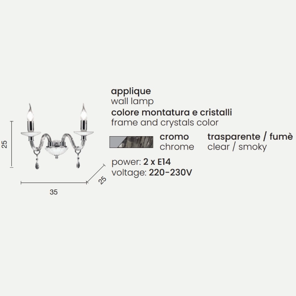 LIVIA Fumè Aplique de cristal con 2 luces 35 cm