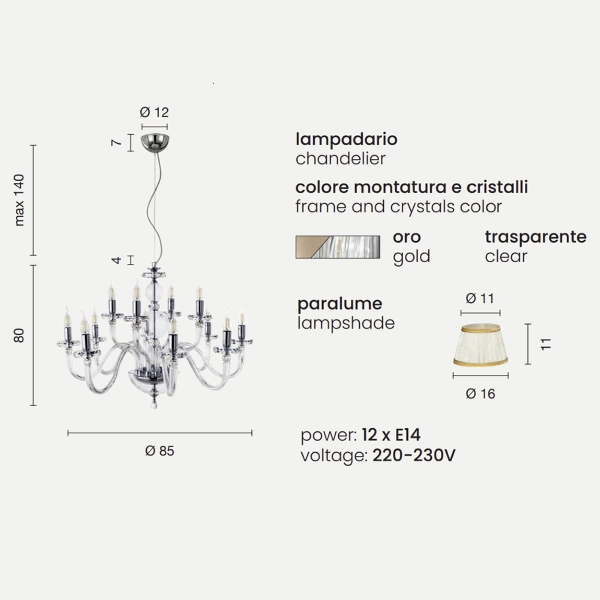 BACH Hanging lamp with lampshade in transparent glass 12 LIGHTS GOLD D85 cm