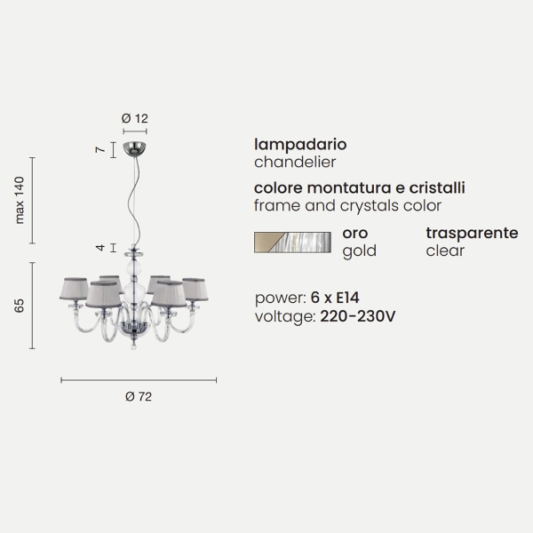 Lámpara de suspensión BACH sin pantalla en cristal transparente 6 LUCES ORO D72 cm