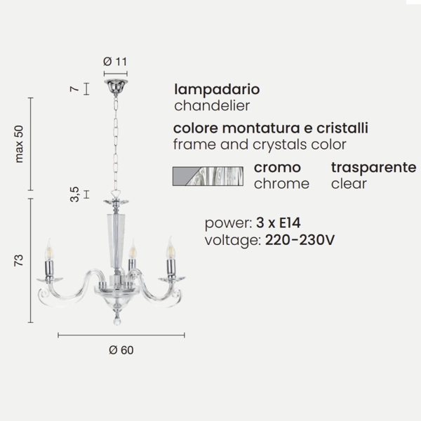 Lámpara colgante CHERUBINI de vidrio y cristal óptico, 3 luces CROMADA 60 cm