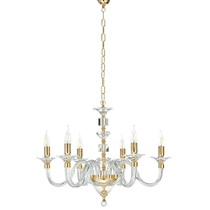 Lámpara de suspensión GALA en vidrio trabajado a mano con detalles metálicos 6 LUCI DORADO D72 cm