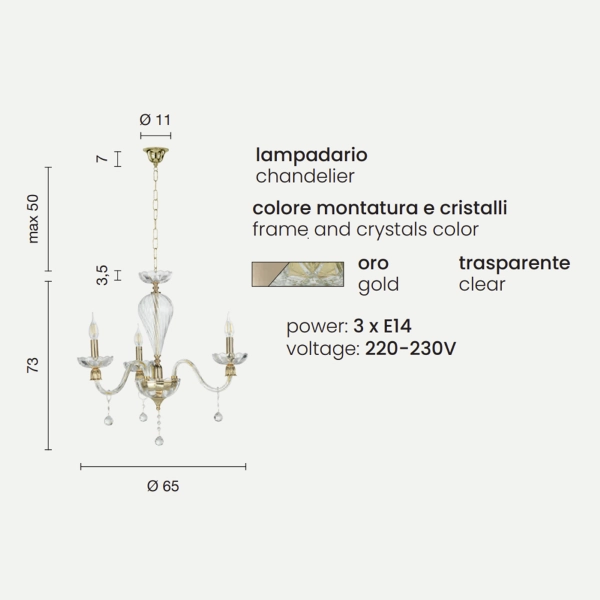 Lámpara de suspensión ROXANNE en vidrio soplado trabajado a mano 3 LUCES D65 cm
