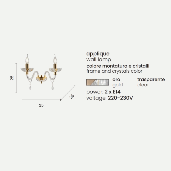 Aplique 35 cm 2 luces E14 - cristal y vidrio BRIGIDA