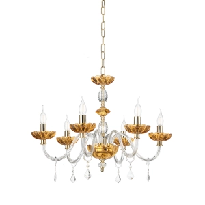 Lámpara de suspensión PATRICIA en vidrio y cristal ámbar 6 LUCES D75 cm