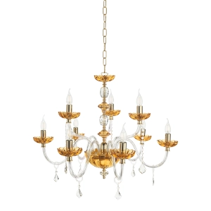 Lámpara de suspensión PATRICIA en vidrio y cristal ámbar 9 LUCES D88 cm