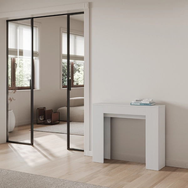 Console extensible SLICK Slim avec 8 places assises en mélamine frêne blanc