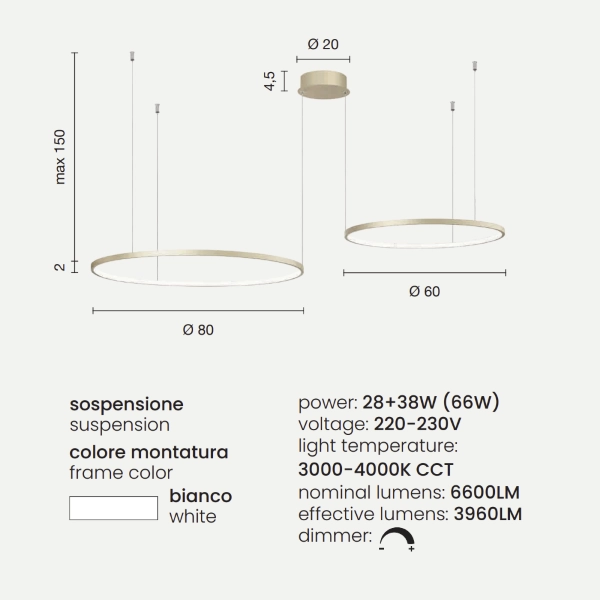 Lámpara colgante LED 2 luces SOEL de metal pintado BLANCO 160 cm